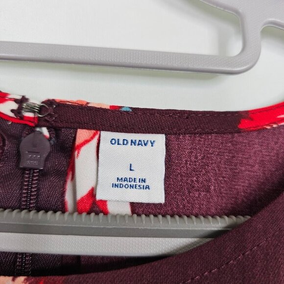 OLD NAVY Fit & Flare Dress Long Flute Sleeves BURGUNDY RED Floral size L Cute! - Picture 6 of 11